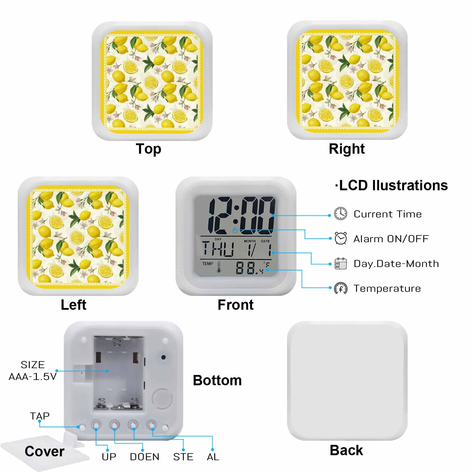 Yellow Summer Lemon Digital Alarm Clock for Bedrooms, Smart LED Alarm Clock with 7 Color Changing Night Light, Summer Botanical Watercolor Silent Wake Up Clocks for Sleep Study Cooking 3.2"x3.2"