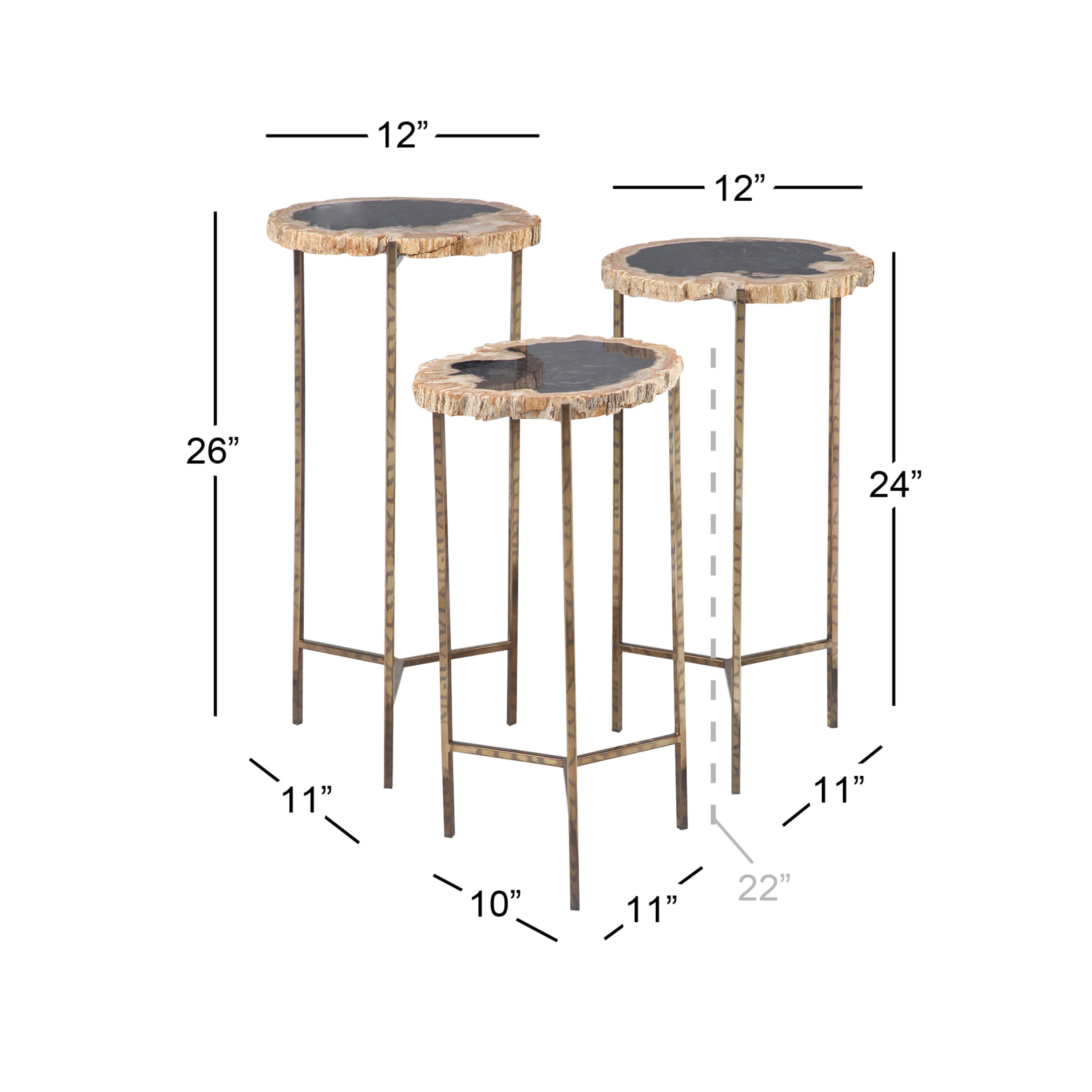 DecMode 12" x 26" Gold Petrified Stone Petrified Wood Accent Table with Gold Base, 3-Pieces