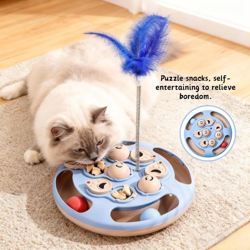 Cat Puzzle Toys,3 in 1 Cat Slow Feeder with Feather Teaser,Treat Dispenser,Balls Track,IQ Training and Mental Stimulating Enrichment Toys for Indoor Cats Interactive,Kitty Gift,Blue