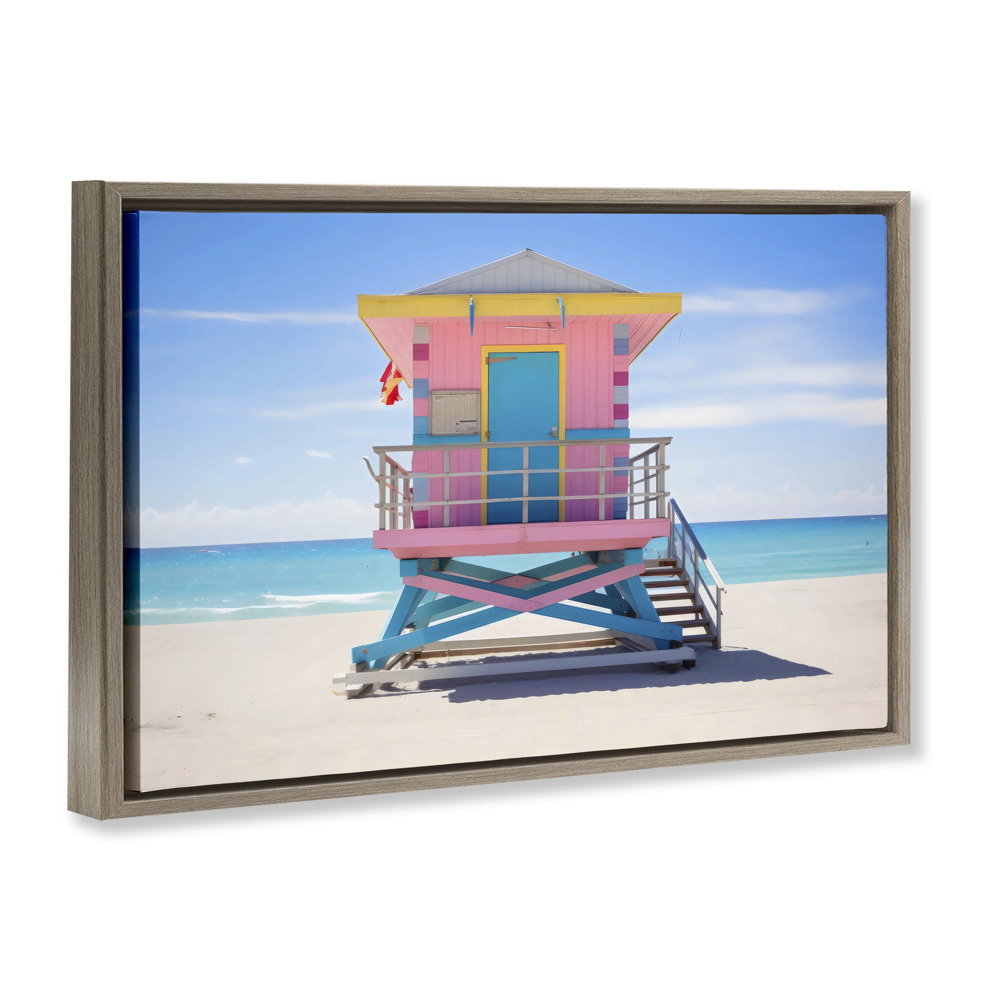Stupell Industries Pastel Lifeguard Hut on Beach Brown Framed Floater Canvas Wall Art, design by Creative Studio