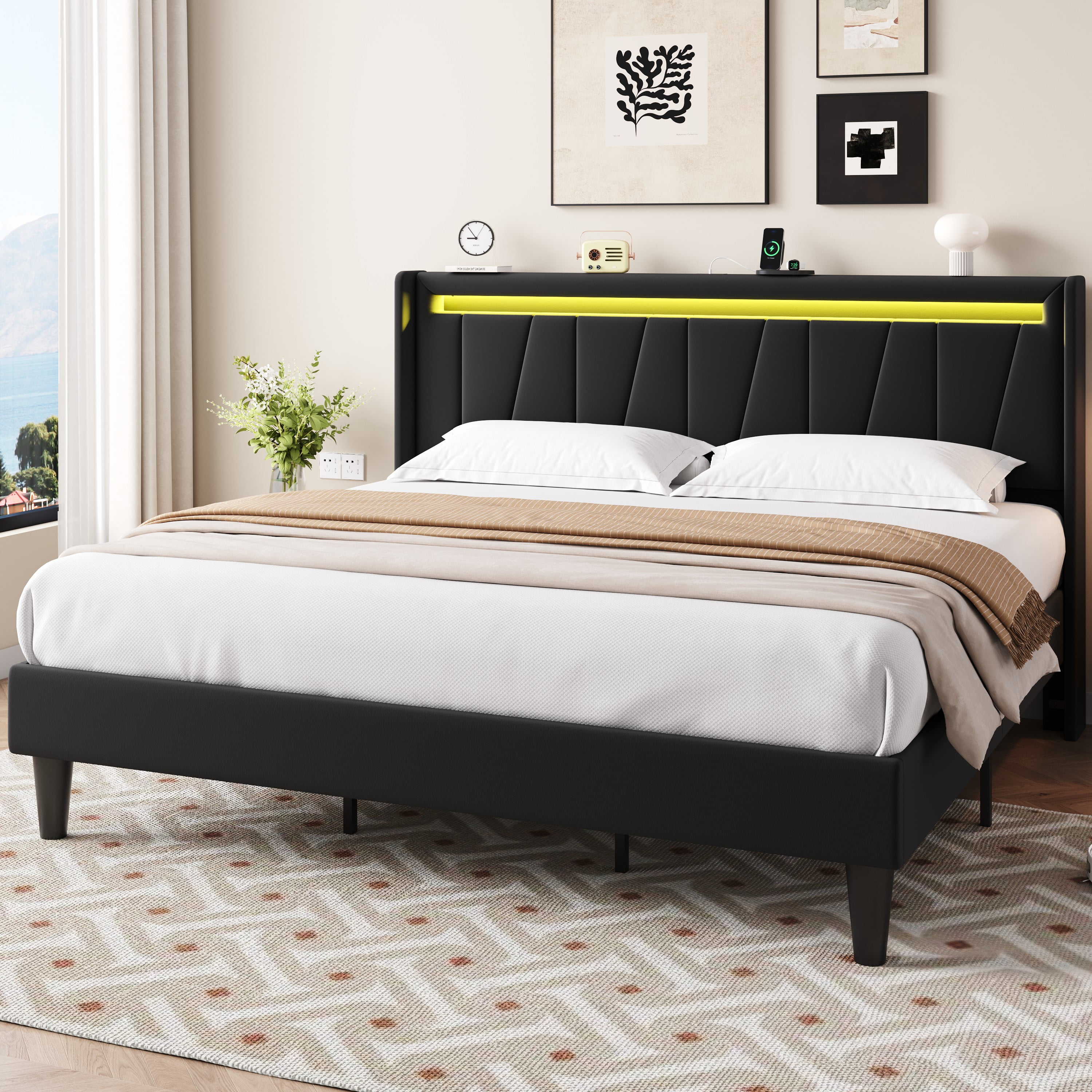 Amolife King Size Bed Frame with Charging Station & LED Light, Velvet Upholstered Platform Bed with Geometric Wingback Headboard, Black