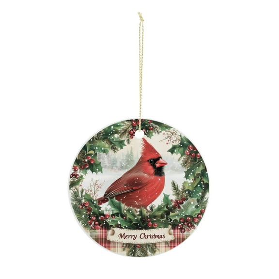 Red Cardinal with Holly Berries Christmas ornament, Christmas decoration, holiday present idea, heirloom keepsake, round ceramic, gift Exchange, bauble present, gift idea