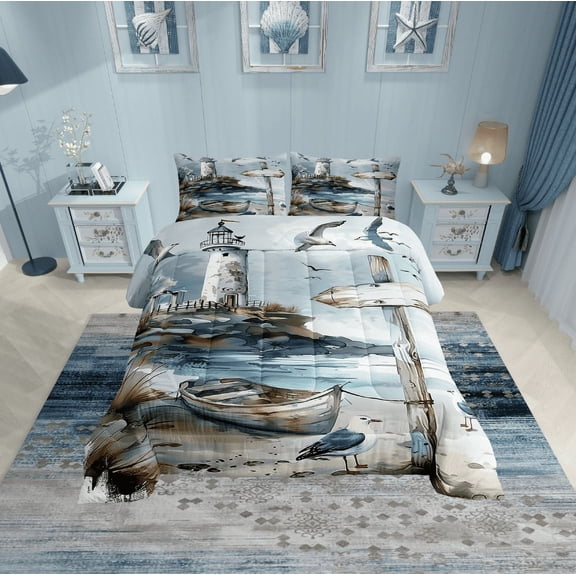 Erosebridal Wooden Boat Comforter Sets Twin Size, Beach Marine Comforters & Duvets, Sea Bird Decor, Breathable 2 Pieces