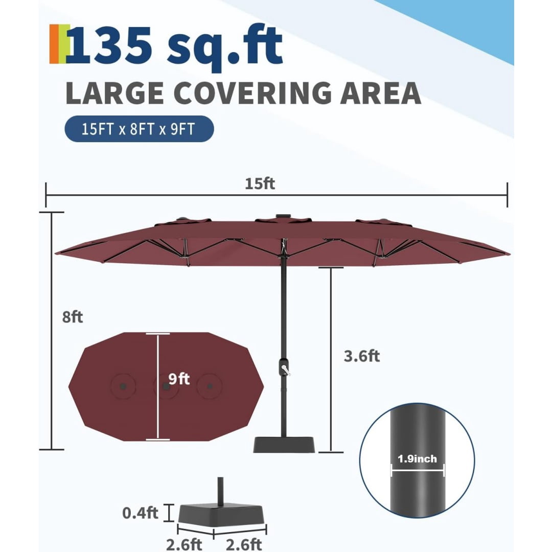 Heavy Duty 15FT Patio Umbrella with Weighted Base - Double-Sided Sun Shade for Outdoor Dining, Poolside, Backyard (Crank Handle, UV Blocking Fits 2-8 People)