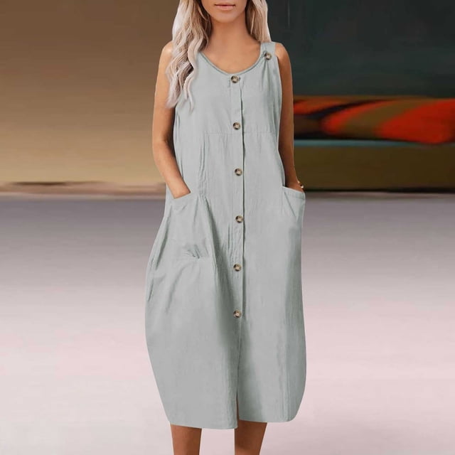 Weiqiqre Robe Cocktail pour Femmes 2024, Robe d'Été pour Femme Couleur Unie Décontractée avec Poches, Boutons, Coton et Lin, Col Rond, Sans Manches