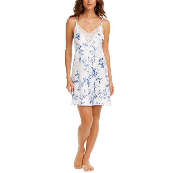 Linea Donatella Aviary Lace-Trim Floral-Print Satin Chemise Nightgown (White, X-Large)