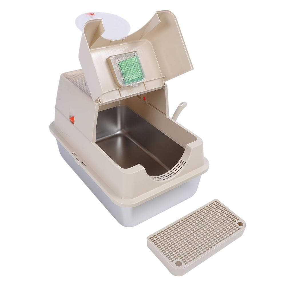 PetWhole Extra Large Stainless Steel Enclosed Cat Litter Box with Litter Scooper, Beige