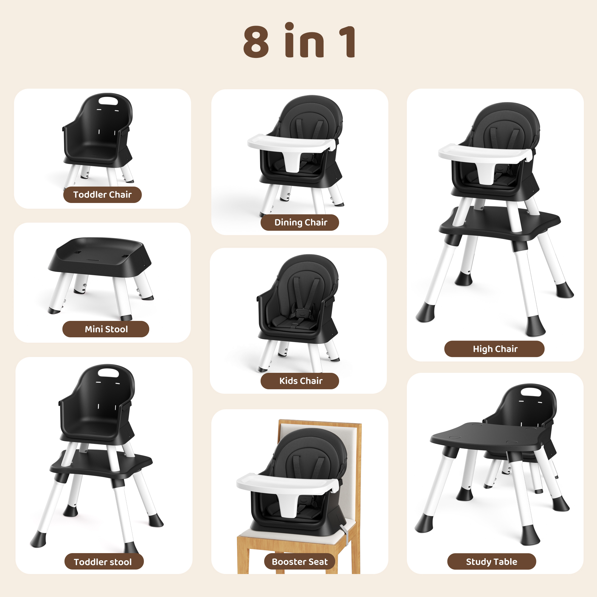 AILEEKISS 8-in-1 Baby High Chair, Black photo 2