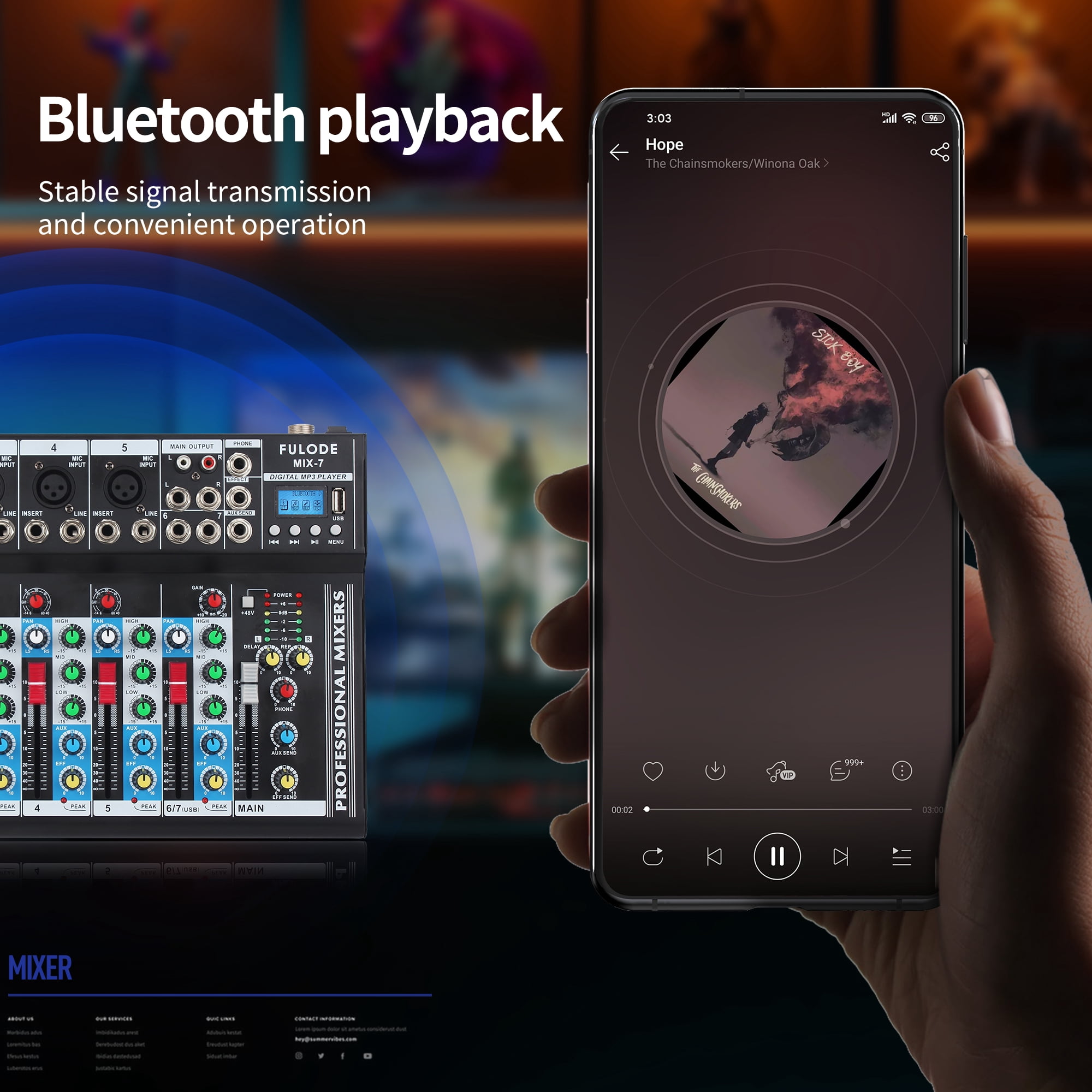 FULODE 7-Channel Audio Mixer USB Bluetooth MP3 Computer Input 48V Phantom Power DJ Controller Audio Mixing Console System