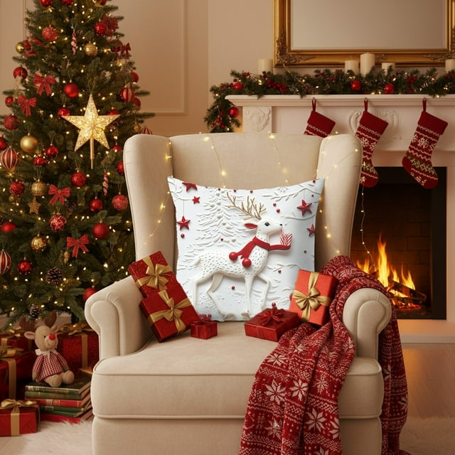 Funda de Cojín Navideña | Cojín Decorativo de Lino para Sofá con Diseño de Alces Navideños de 45 X 45 X 1 Cm (18 Pulgadas) | Suave y Cómodo | Blanco | 1 Unidad