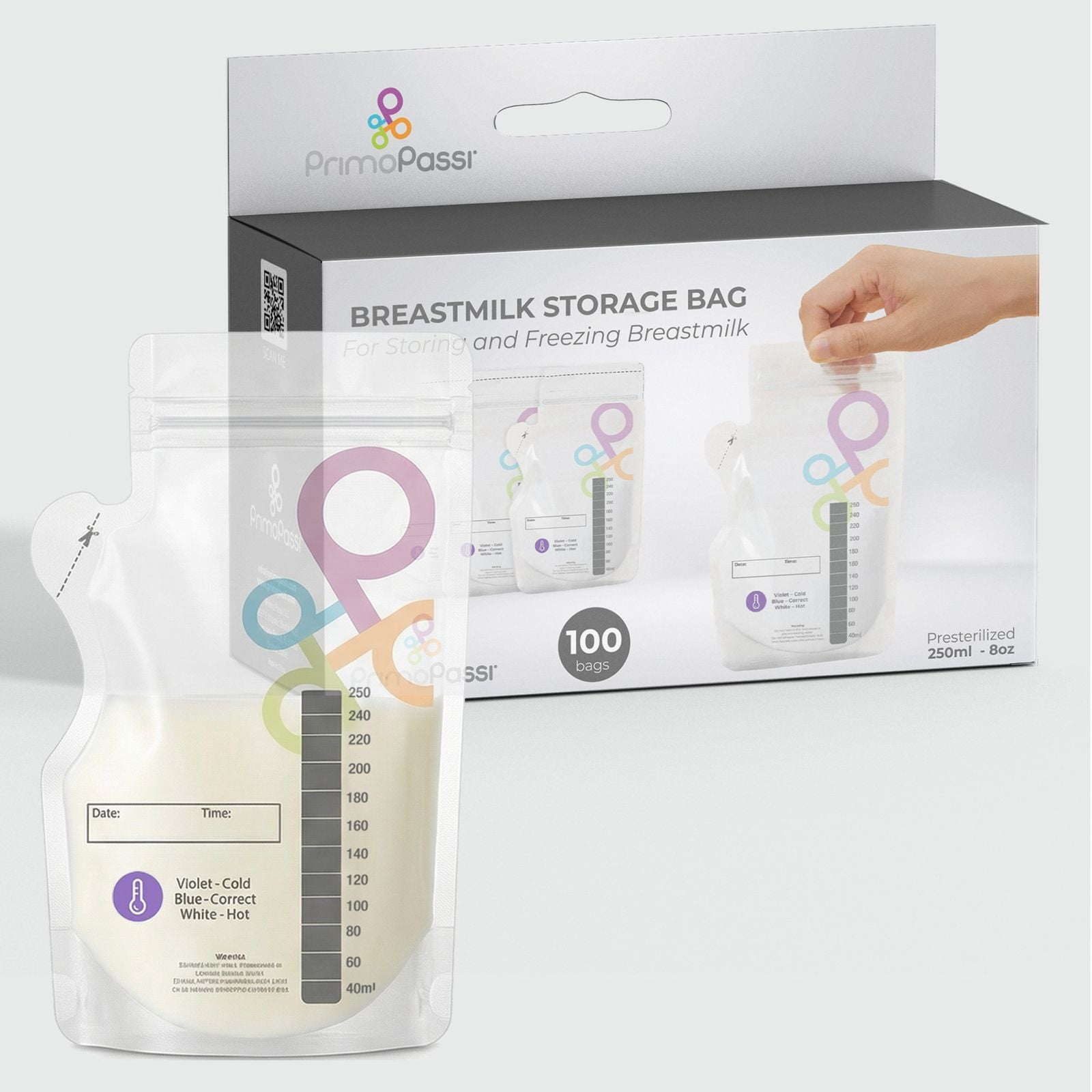 Primo Passi Breastmilk Storage Bags, 100 Count, 8 oz / 250 ml, Pre-Sterilized, BPA-Free, Leak-Proof Double Zipper, For Storing & Freezing Breast Milk