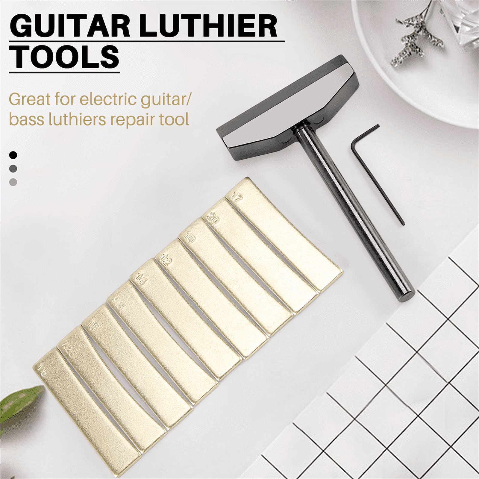 Luthier Tools Set Guitar Fret Caul Fingerboard Pressing Tool + 9Pcs Brass Radian Fret Inserts with Hex Wrench