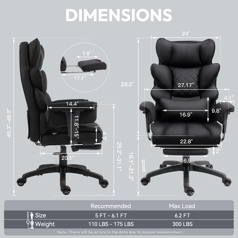 GOOSEA Office Chair Adult Fabric High Back Indoor Commercial Adjustable Seat Height Executive Chairs Footrest, Black