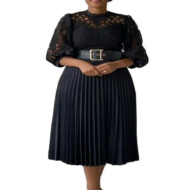Robe Ceinturée à la Mode avec Dentelle Crochet et Ourlet Plissé pour Femmes
