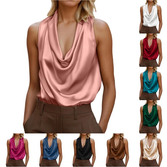 Tanghaowl Tank Tops for Women, Women's Satin Camisole Top Drapey V Neck Sleeveless Blouse With Ruffle Detail Elegant Casual Wear Pink M
