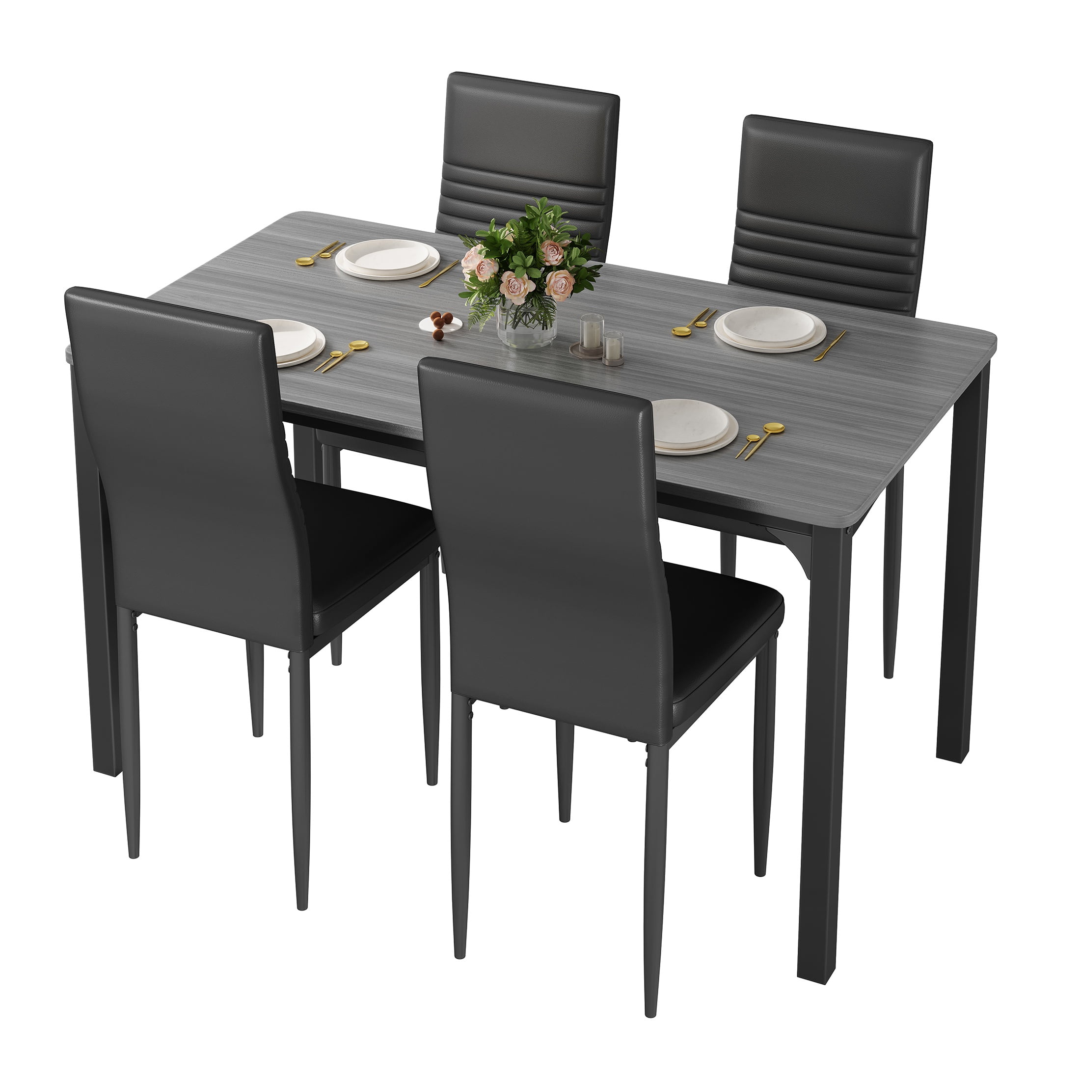 PORKISS 5 Piece Dining Set, Dining Table and Chairs Set for 4, Rectangle Kitchen Dining Table Set with 4 Upholstered Chairs, for Small Space, Breakfast Nook, Gray