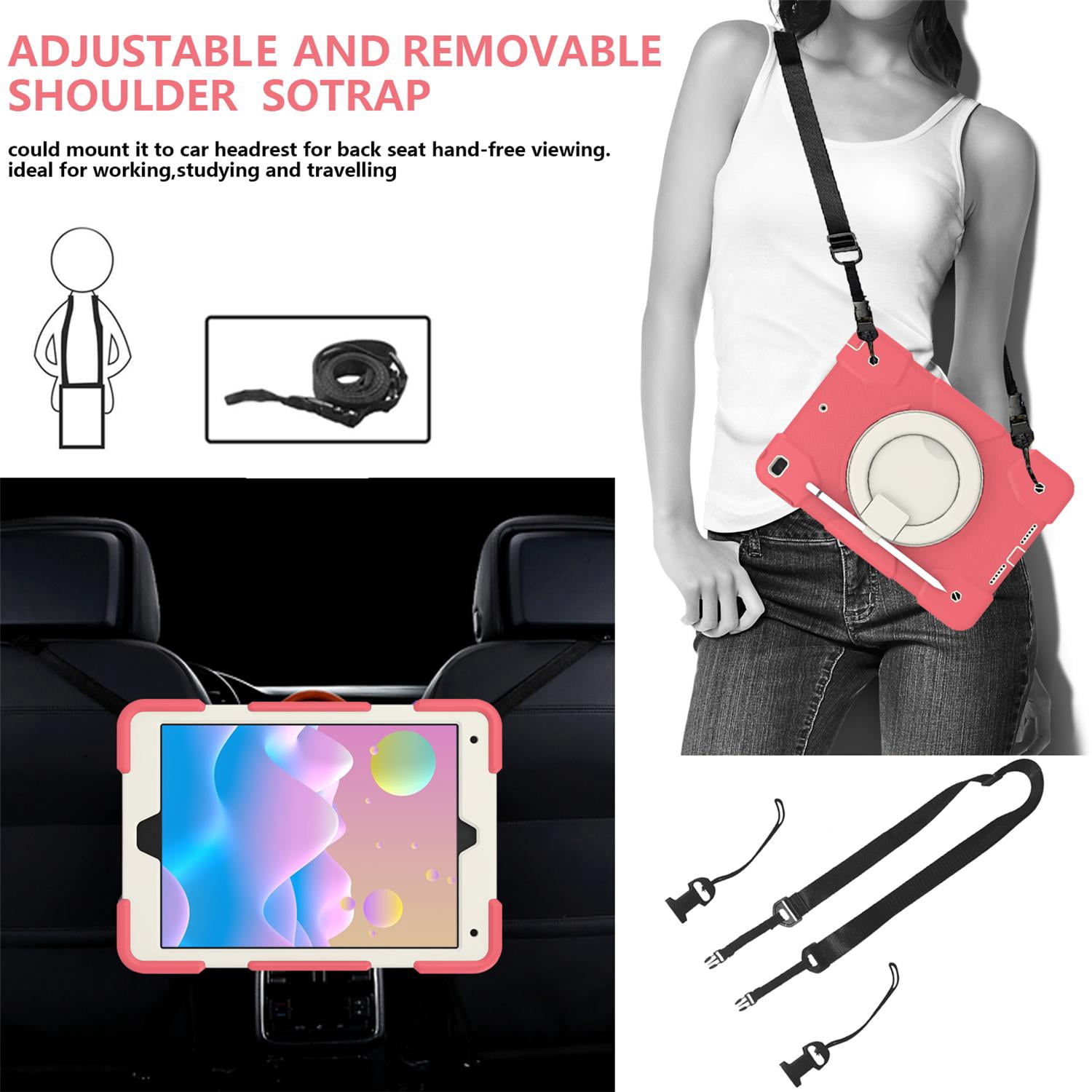 Allytech Case for iPad 9th/8th/7th Generation 10.2", Kids Case with 360° Rotating Folding Ring, Pencil Holder, Strap Drop-Proof Case for iPad 9/8/7 Gen 2021/2020/2019, Begonia Red