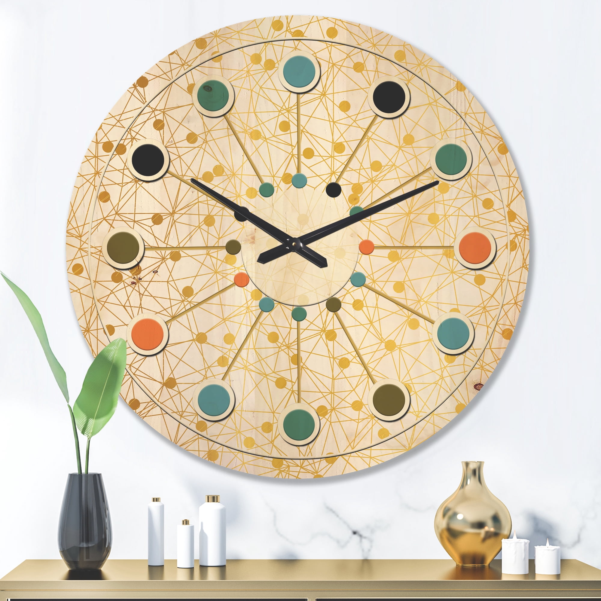 Designart 'Golden Lines Maze II' Mid-Century Modern Wood Wall Clock