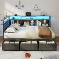 thumbnail image 5 of Tydimor L-Shaped Corner Bed Frame with 3 Storage Drawers, 3 Cubbies & Double-Layer Shelf, LED Lights & Power Outlet, Corner Twin Beds for Living Room, Bedroom and Guest, Grey Oak, 5 of 12