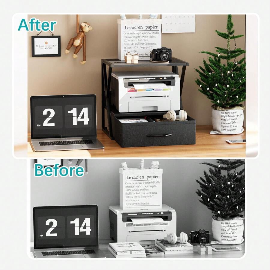 Printer Stand For Desk With Storage Drawer, 2 Tier Desktop Or Under Desk Shelf, Multi-Purpose Desk Organizer For Home Office, Fit Fax Machine/3D Printer/Scanner, Black