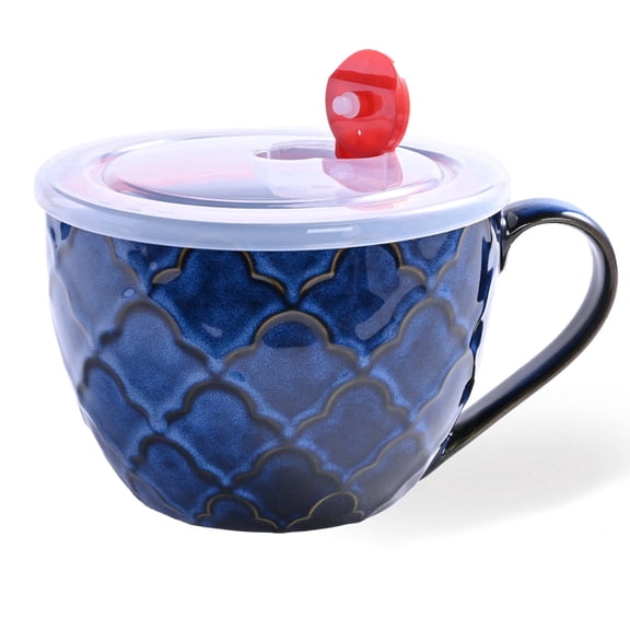 Ceramic Soup Bowls with Handles, 24 oz Microwave Safe Soup Mug/Cup with Lid, Large Ceramic Mug for Coffee, Cereal, Oatmeal, Salad, Ramen, Noodle, Soup, Housewarming Wedding Gift, Reactive Glaze Blue
