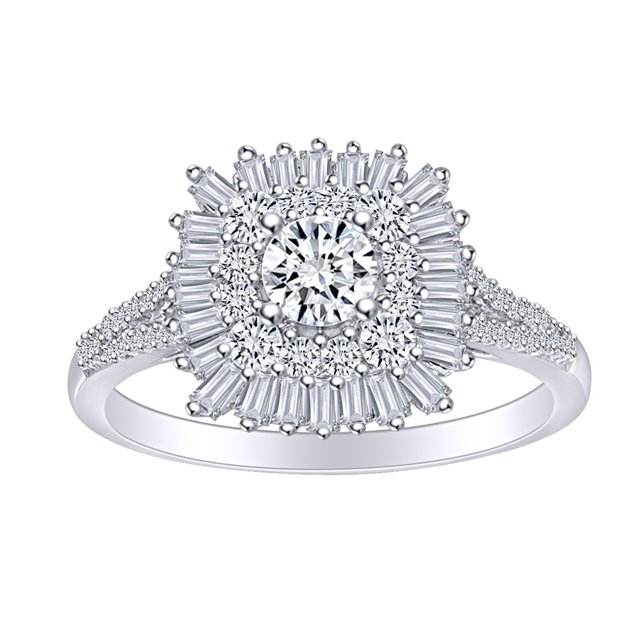 Baguette & Round White Natural Diamond Double Cushion Frame Engagement