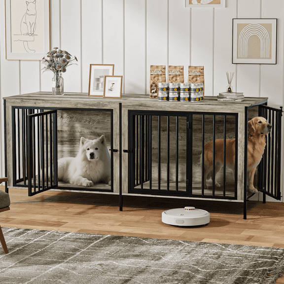 BOSSIN 78inch Wooden Dog Crate Furniture for 2 Dogs, Large Double Dog Cage Furniture with Divider, Wooden Indoor Dog Kennel for Medium Large Dogs