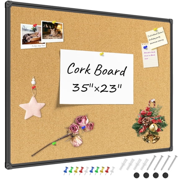 JILhome 35" x 23" Cork Board, 3'x2' Bulletin Board, Cork Boards for Walls, Office, Home, Black Aluminium Frame