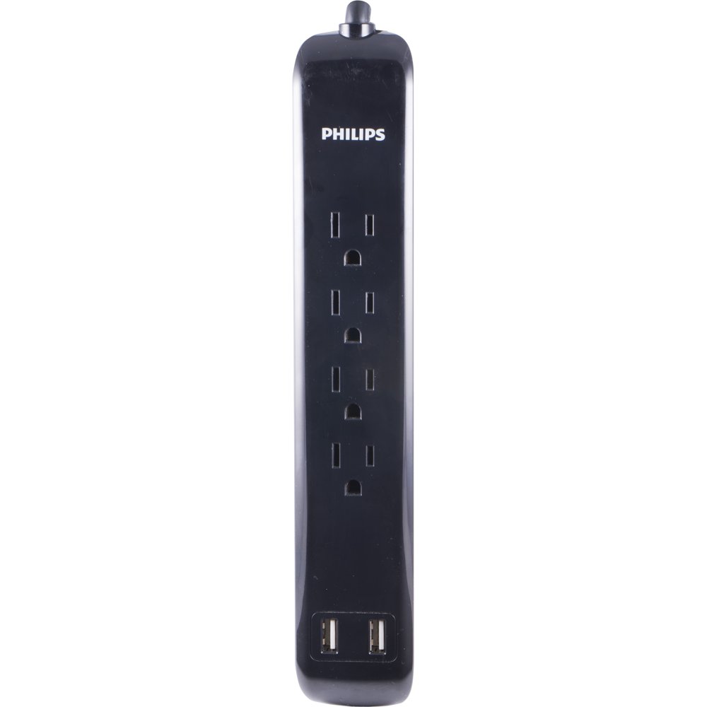 Philips 4Outlet Surge Protector with USB, 2 Ports, 2.4A, 450J, 3ft