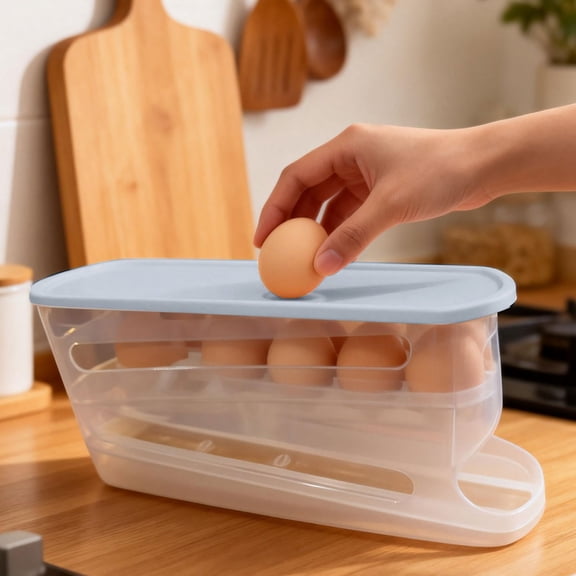 Egg Holder,egg dispenser for refrigerator,Double Layer Automatic Rolling Egg Storage Container 12-14 Eggs Hinged Design PP PET Space Saver Rack For Refrigerator Kitchen(Clear)
