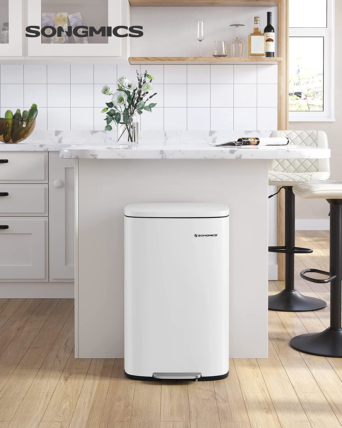 13 Gallon Stainless Steel Kitchen Trash Can, Garbage Can, Soft Close, White