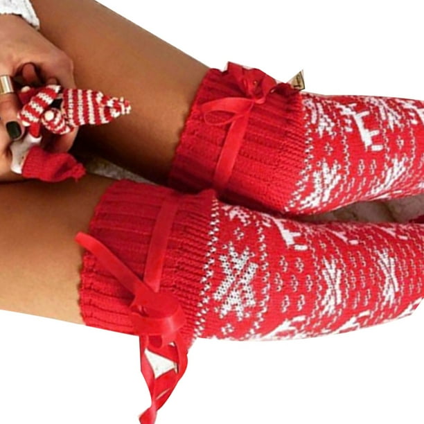 Bowknot Women Knit Toeless Girl Reindeer Socks Long Reindeer