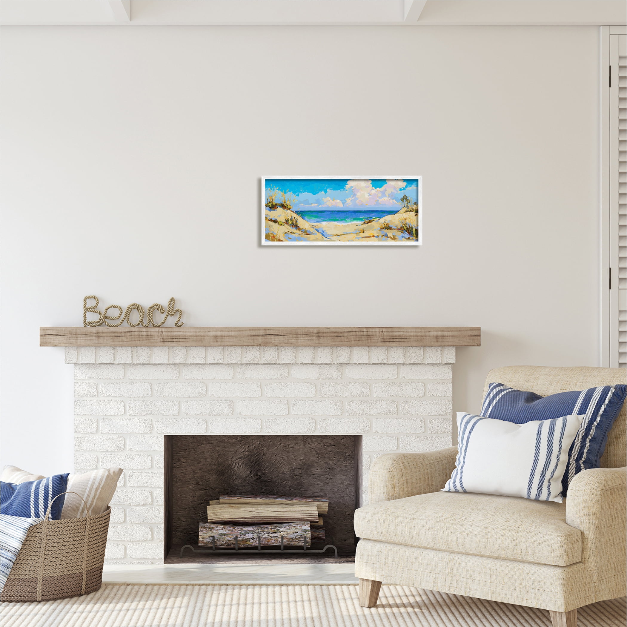 Stupell Industries Cloudy Beach Painting Nature Painting White Framed Art Print Wall Art, 24 x 10