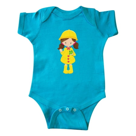 

Inktastic Girl With Brown Hair Yellow Raincoat Frog Gift Baby Girl Bodysuit