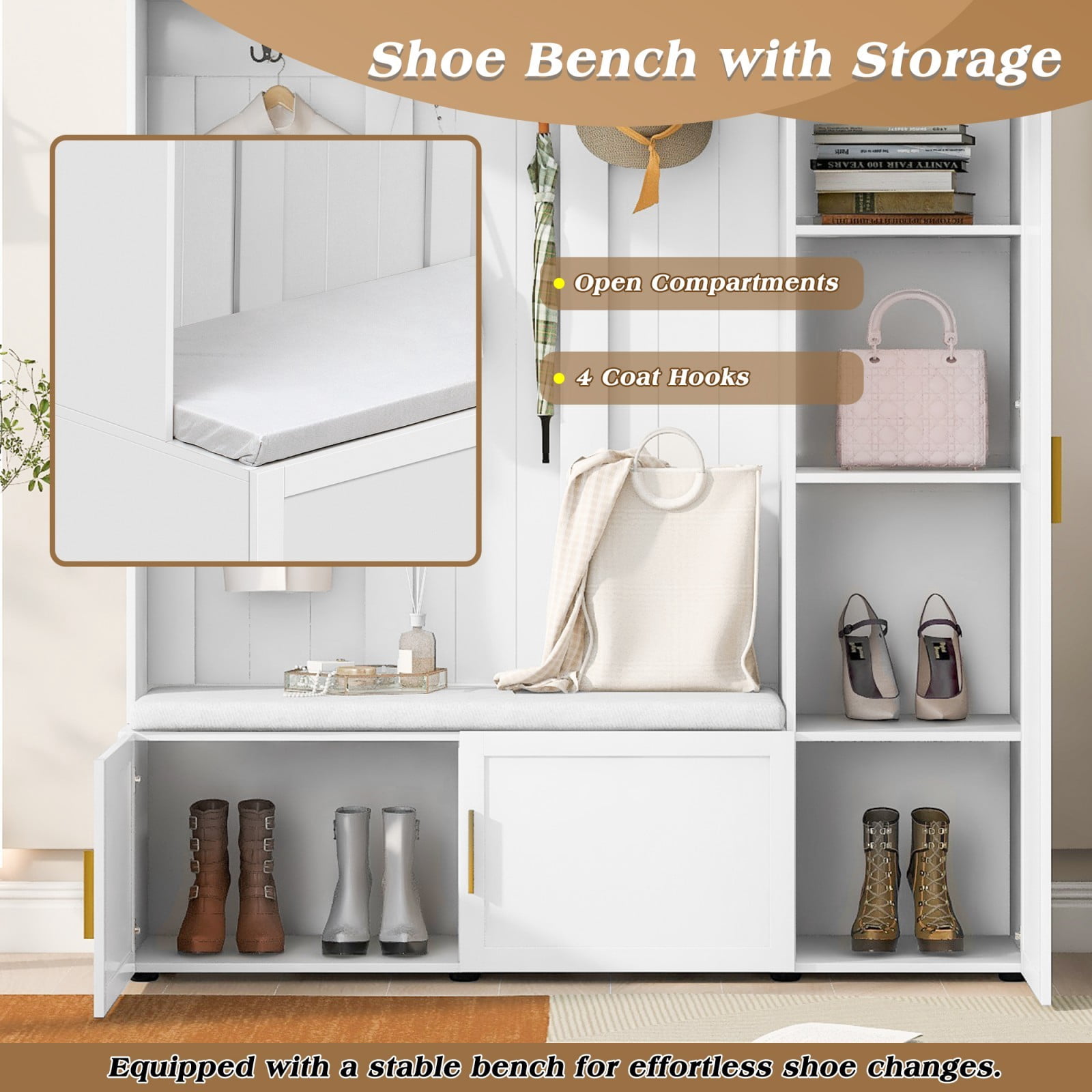 59" W 4-in-1 Entryway Hall Tree with Padded Bench, Coat Rack with 4 Hooks, Shoe Storage Bench & Multi-Tier Shelves, Mudroom Organizer for Hallway Living Room, Ancient White