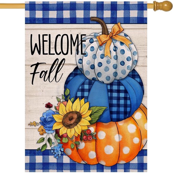 Welcome Fall Pumpkin Patch Decorative Burlap House Flag, Autumn Harvest Polka Dots Home Yard Large Outdoor Decor, Blue Buffalo Plaid Check Farmhouse Outside Decoration Double Sided 28 x 40