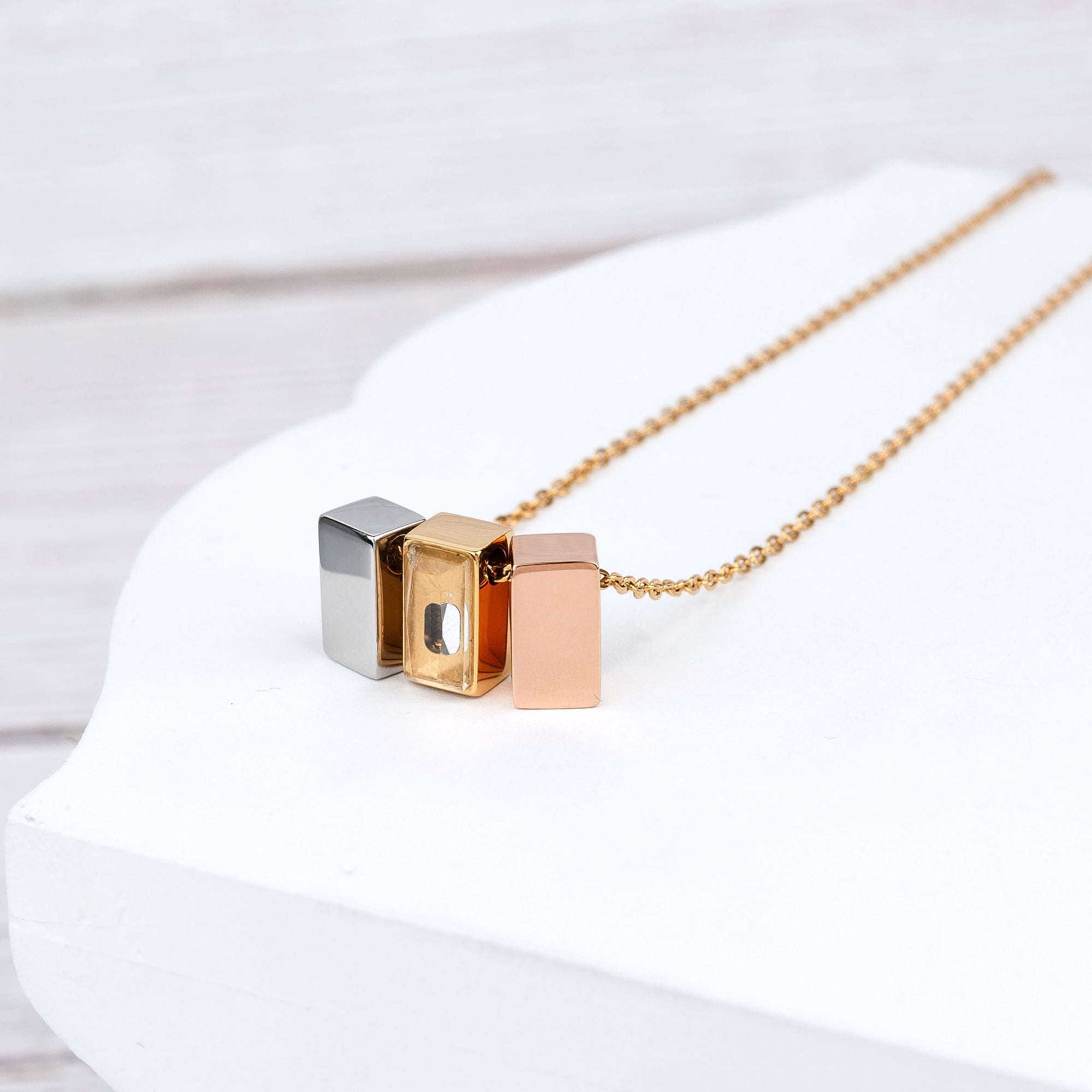 Anavia See You Cremation Necklace for Ashes, Mini See Through Urn Necklace, Mini Cube Cremation Pendant, Cremation Jewelry, Memorial Jewelry, Mini Urn w/ Multicolor Cubes-[Silver & Gold & Rose Gold]