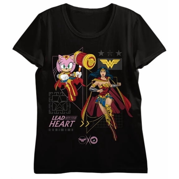 DC X Sega Amy & Wonder Woman Stars Women’s Black Crew Neck Short Sleeve T-shirt-Small
