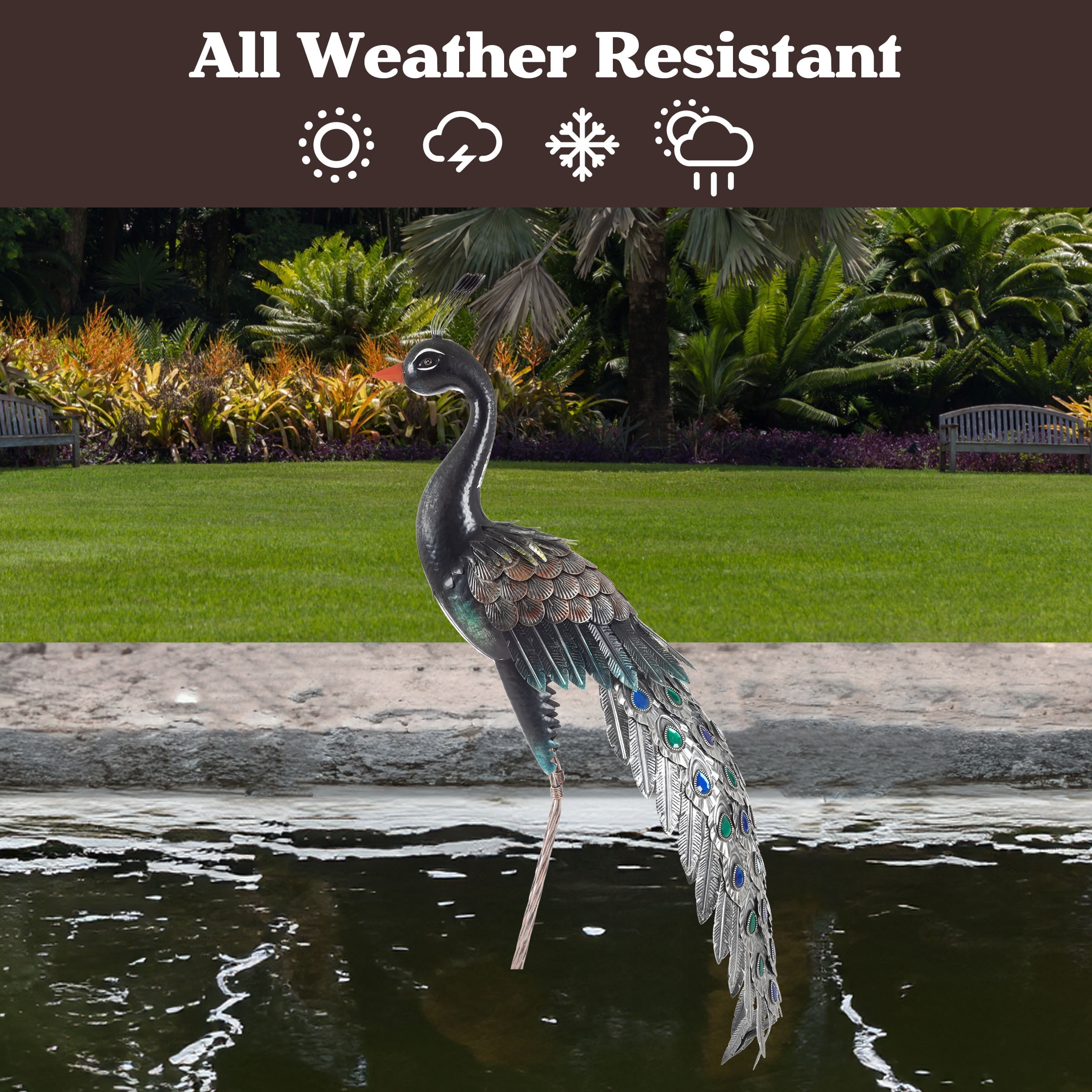 Pure Garden 37” Outdoor Peacock Garden Statue - Metal Yard Art Garden Décor
