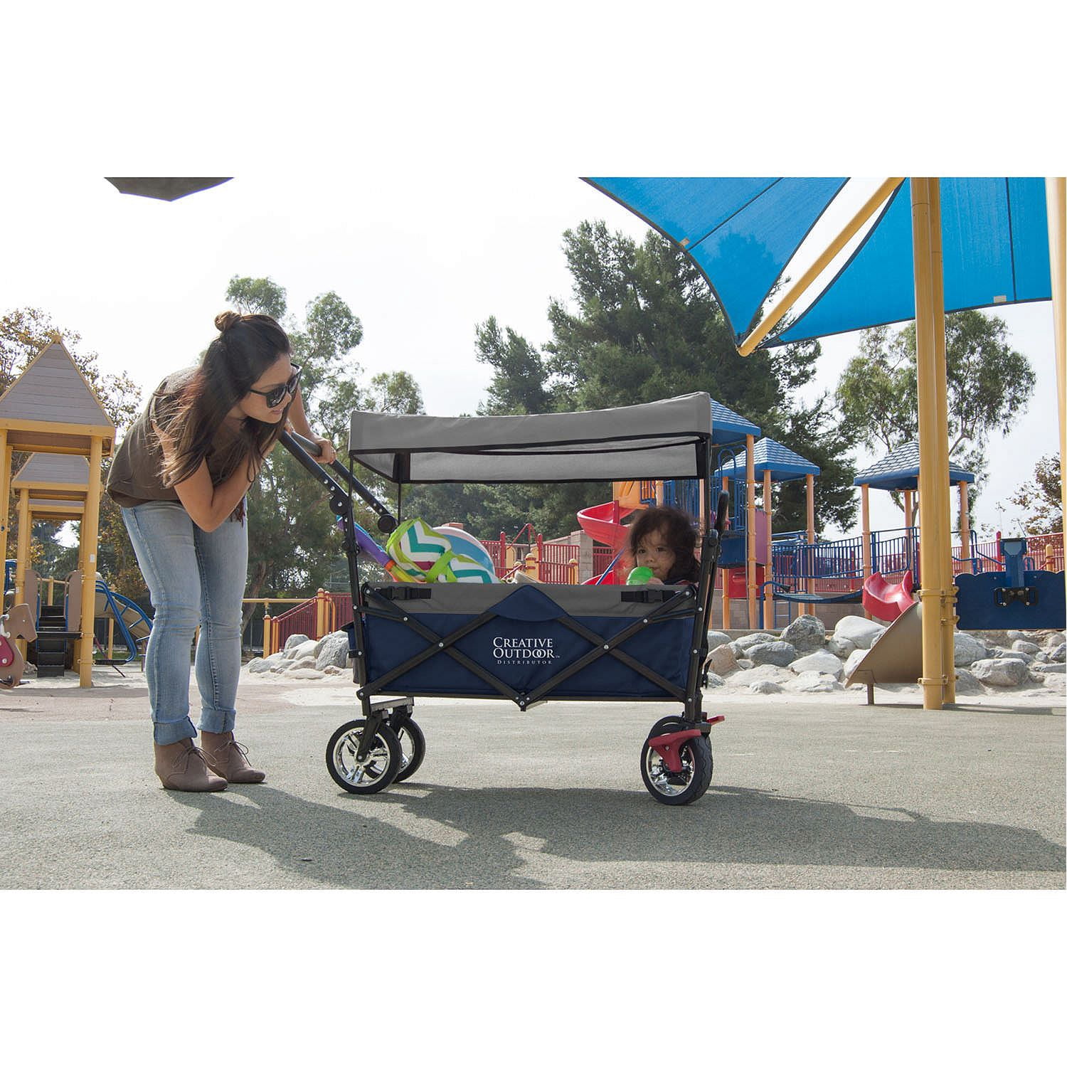 Folding Wagon for Kids, Foldable Canopy with Sun/Rain Shade (Navy Blue)