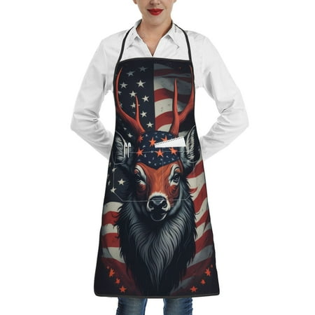 

Lukts Modern USA Deer Head Pattern Kitchen Apron Waterdrop Resistant Apron with adjustable Aprons for Women and Men with Pockets Cooking Apron
