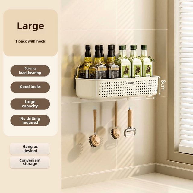 Large White Wall-Mounted Storage Rack with 6 Hooks Included - No-Drill Installation, Space-Saving Design for Kitchen, Bathroom & Home Use - Durable, Multi-Purpose Organizer for Spices, Toiletries,