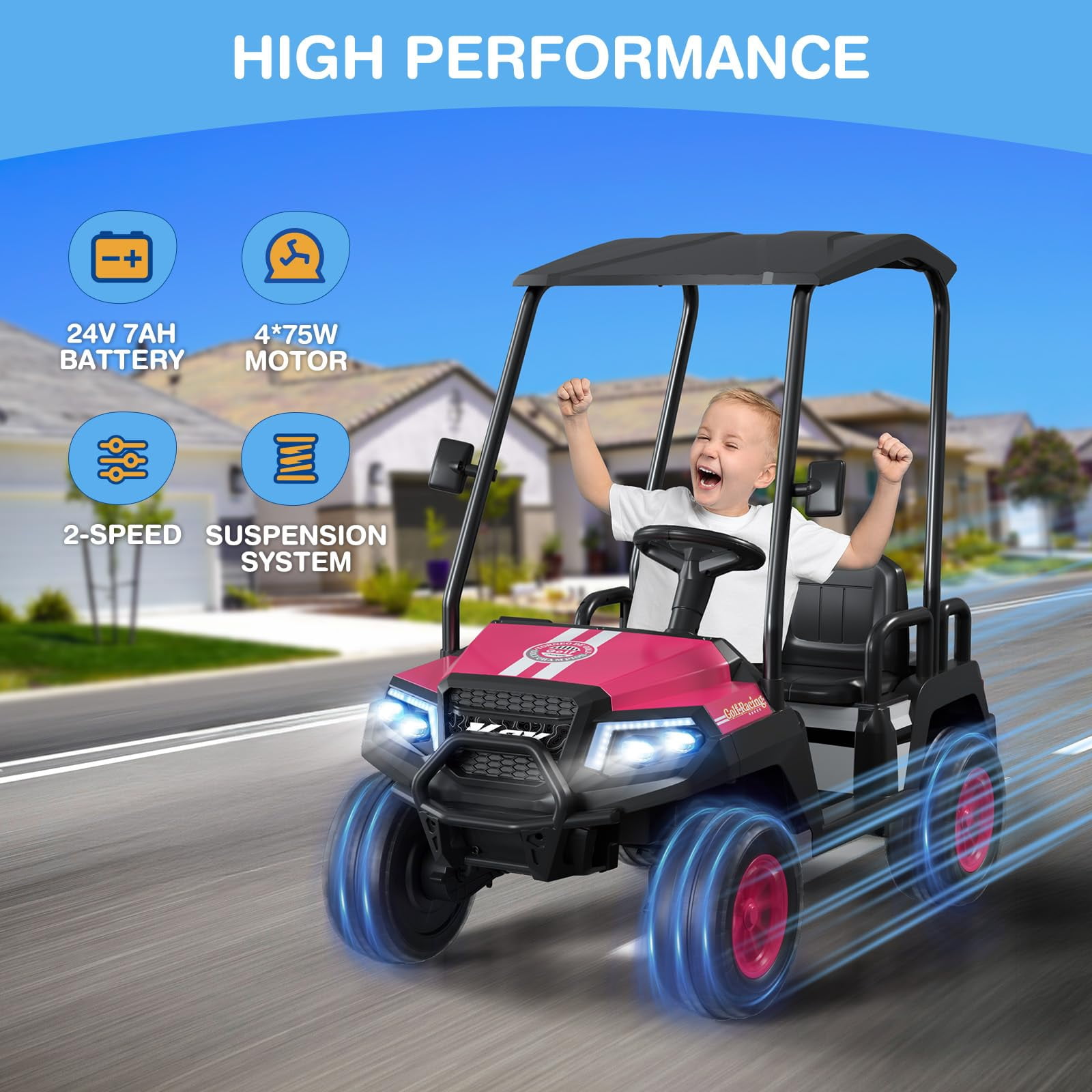 24V 4-Seater Kids Electric Golf Cart, 4WD Ride-On Car with Remote, Awning, Suspension & Music Features