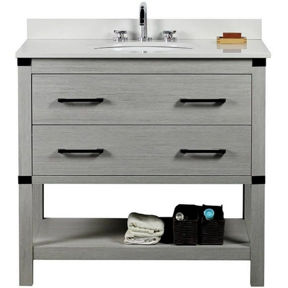 Pemberly Row 37" Transitional Single Solid Wood Vanity w/ Oval Sink in Gray Pine