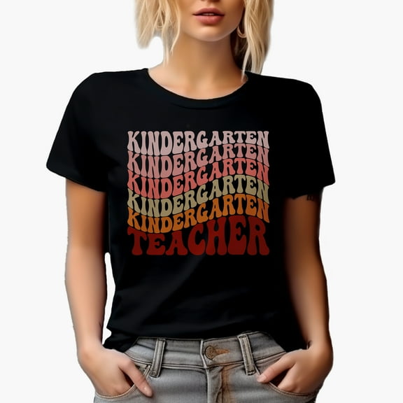 Kindergarten Teacher, Teaching Profession Themed, Groovy Retro Wavy Text Merch Gift, Black T-Shirt, Small