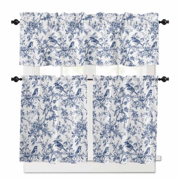 Blue Bird Flower Kitchen Curtains and Valances Set, 3 Piece Kitchen Curtains Set 24 Inch Length, Retro Tree Branch Floral Fall Winter Rod Pocket Curtains Tier Farmhouse Window Curtains