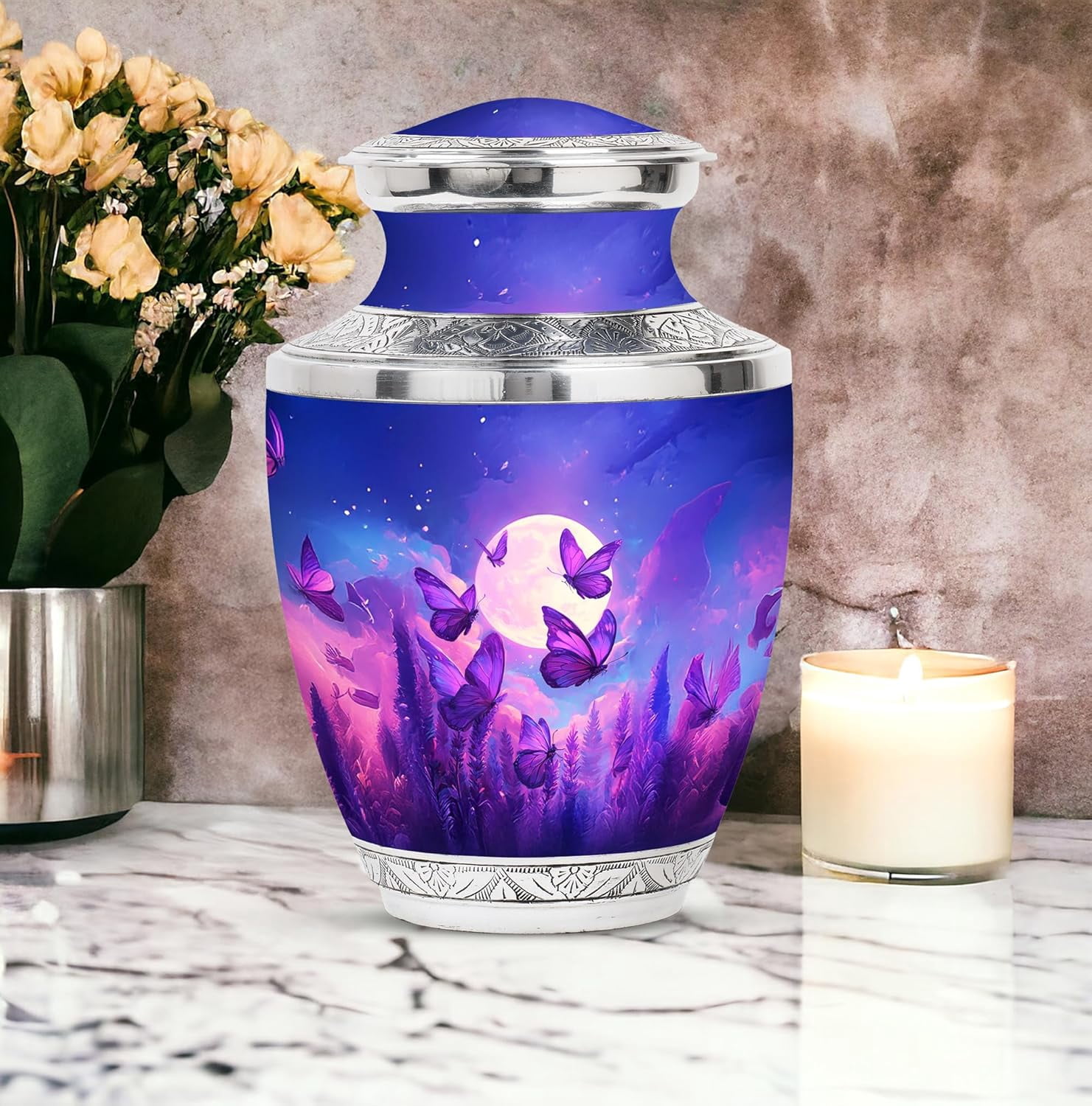 Purple Butterfly Moonlight Urn, Cremation Urn for Human Ashes, Urns for Human Ashes Adult Female, Large Cremation Urns for Ash Vase, (Size 10 Inch, 1 Pc)