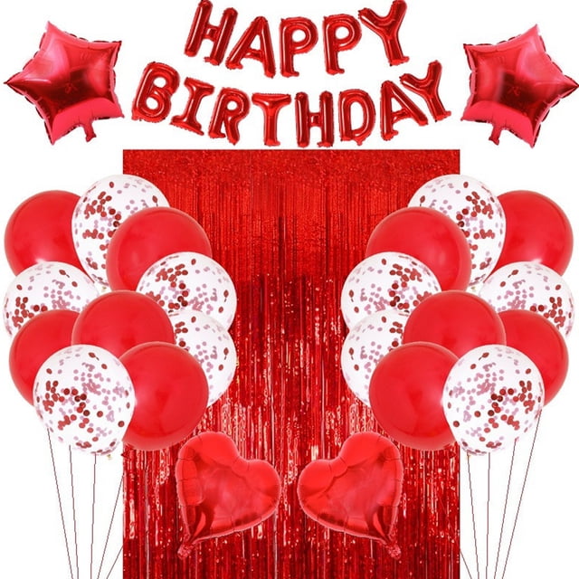 Apuakthei Decoración de fiesta de cumpleaños, globos de látex, pancarta de globos de feliz cumpleaños con 2 cortinas con flecos de aluminio