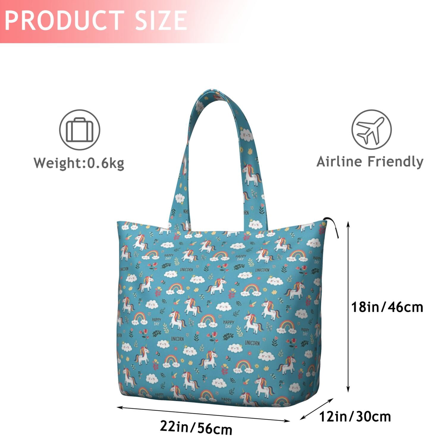 Blue Cartoon Unicorn Rainbow Travel Tote Bags for Women Carry On,Large Weekender Bags for Women Travel,Multi Functional Duffle Bag for Work,Shopping,Sports