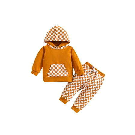 

sdghg Toddler’s 2Pcs Clothes Set Fashion Checkerboard Print Long Sleeve Hooded Sweatshirt and Tie-up Long Pants